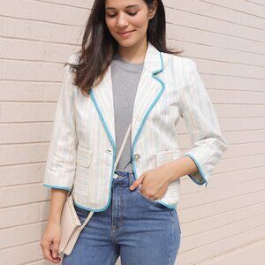 Express, Fitted Pinstriped Blazer, Light Beige w Teal, Hook Closure, Sz 12